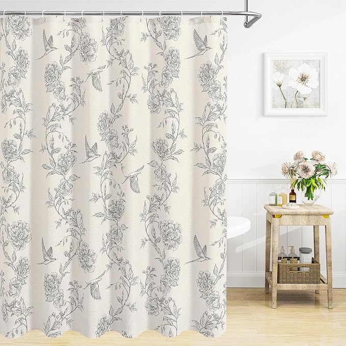 MitoVilla Long Grey Cotton Shower Curtain for Bathroom,72 x 78 | Long BoHo Cottagecore Hummingbird Spring Shower Curtains, Modern Farmhouse Country Floral Bathroom Décor, 72 x 78