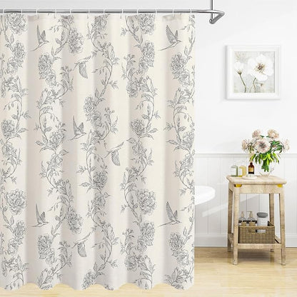 MitoVilla Long Grey Cotton Shower Curtain for Bathroom,72 x 78 | Long BoHo Cottagecore Hummingbird Spring Shower Curtains, Modern Farmhouse Country Floral Bathroom Décor, 72 x 78