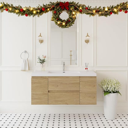 KEIKI 48'' Wall-Mounted Bathroom Vanity with Sink - Floating Design, 2 Soft-Close Drawers & Doors & Resin Basin, Space-Saving for Small Bathrooms, Natural Oak