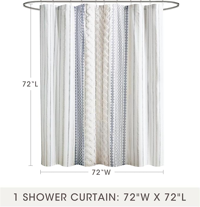 INK+IVY Tufted Chenille 100% Cotton Shower Curtains Machine Washable, Modern Home Bathroom Décor Bathtub Privacy Screen, 72" W x 72" L, White/Navy (Pack of 4)