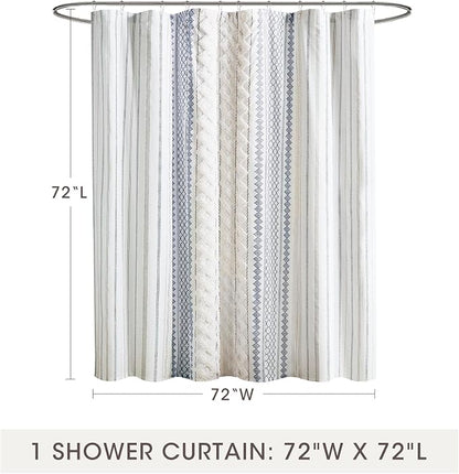 INK+IVY Tufted Chenille 100% Cotton Shower Curtains Machine Washable, Modern Home Bathroom Décor Bathtub Privacy Screen, 72" W x 72" L, White/Navy (Pack of 4)