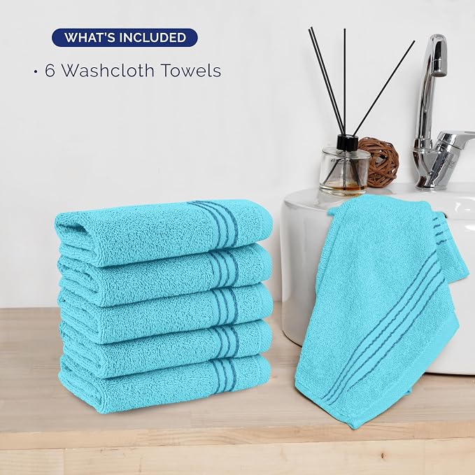 Elegant Comfort Premium Turkish Cotton 6 Pack Washcloths Set - 13 x 13 inch, Luxurious Hotel Spa Quality 100% Turkish Cotton 6PC Washcloth Set - Highly Absorbent - Soft Bathroom Towels, Aqua