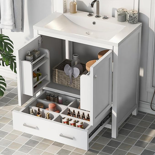 LUMISOL 30" Bathroom Vanity Set with Sink, Solid Wood Bathroom Cabinet with One Drawer and Two Doors, Multi-Function Storage Organizers, Undermount Sink Basin, White
