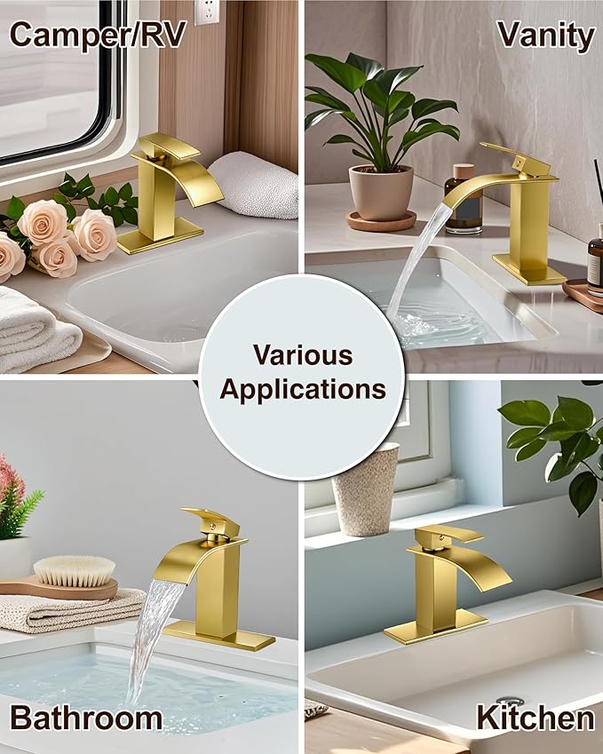 Midanya Bathroom Faucet with Waterfall Spout, Single Hole or 3-Hole Deck Mount, 304 Stainless Steel Sink Faucet with Pop-Up Drain, RV Vanity Compatible,Gold