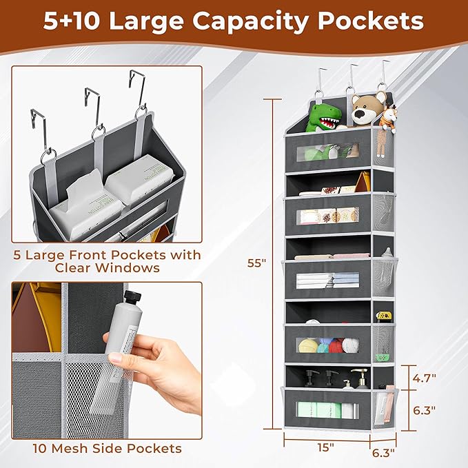 2 Pack 5 Tier Over The Door Organizer Space-Saving Storage for Any Room | Grey Hanging Closet Organizer with 10 Mesh Pockets and Clear Windows, Closet Organizers and Storage for Bathroom, Bedroom