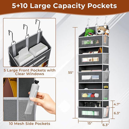 2 Pack 5 Tier Over The Door Organizer Space-Saving Storage for Any Room | Grey Hanging Closet Organizer with 10 Mesh Pockets and Clear Windows, Closet Organizers and Storage for Bathroom, Bedroom