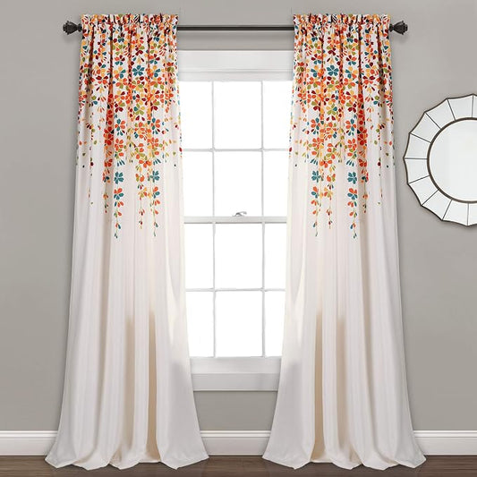 Lush Decor Weeping Flower Light Filtering Window Curtain Panels, Pair, 52"W x 95"L + 2" Header, Turquoise & Tangerine - Charming Modern Floral Curtains for Living Room, Dining Room, & Bedroom
