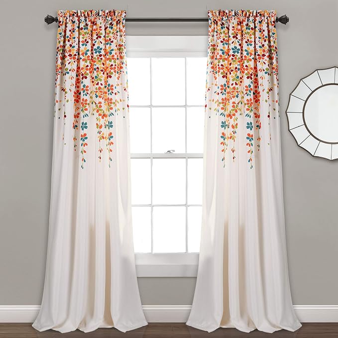 Lush Decor Weeping Flower Light Filtering Window Curtain Panels, Pair, 52"W x 108"L + 2" Header, Turquoise & Tangerine - Charming Modern Floral Curtains for Living Room, Dining Room, & Bedroom