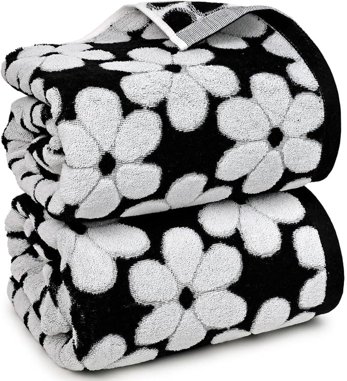 Black Bath Towels Set of 2, Super Soft & Quick Drying 27.5x55 Inches | Decorative Floral Jacquard Shower Towels for Bathroom, Cotton