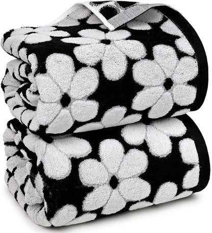 Black Bath Towels Set of 2, Super Soft & Quick Drying 27.5x55 Inches | Decorative Floral Jacquard Shower Towels for Bathroom, Cotton