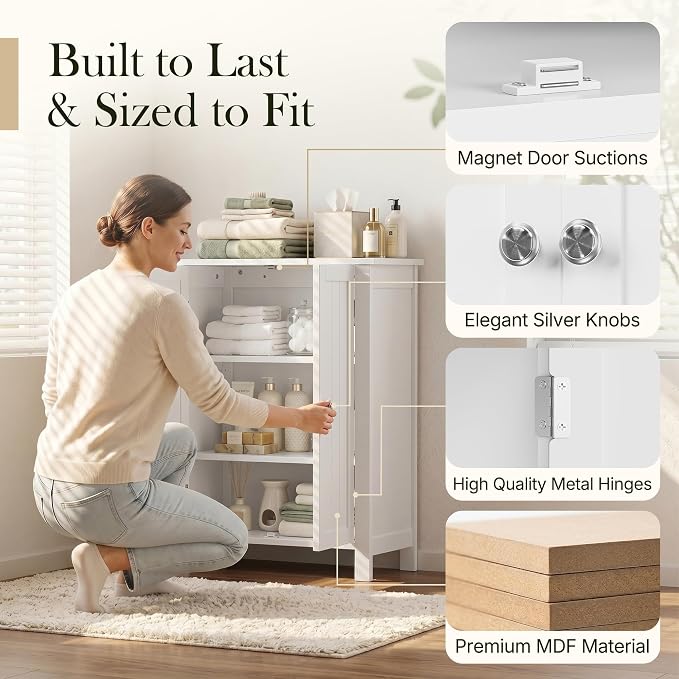ZENY Bathroom Floor Storage Cabinet with Double Door + Adjustable Shelf, Wooden Organizer Cabinet for Living Room, Bathroom, Bedroom, Modern Home Furniture (White)