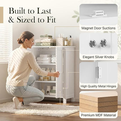 ZENY Bathroom Floor Storage Cabinet with Double Door + Adjustable Shelf, Wooden Organizer Cabinet for Living Room, Bathroom, Bedroom, Modern Home Furniture (White)
