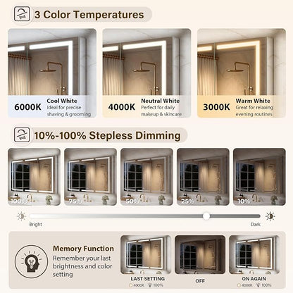 WELLFOR 60" X 36" Bathroom Mirror Medicine Cabinet with 3X Magnification Makeup Mirror, LED Mirrored Cabinet, Bathroom Storage Mirror Cabinet, Three Opening Doors, Recessed or Surface