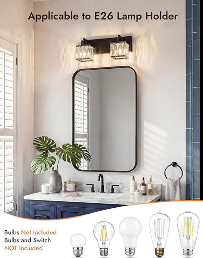 VOLISUN Black Bathroom Light Fixtures, Modern Bathroom Lighting Fixtures Over Mirror, 2 Light Bathrooms Vanity Light, Crystal Vanity Light for Bathrooms-UL Certificated(Exclude Bulb)