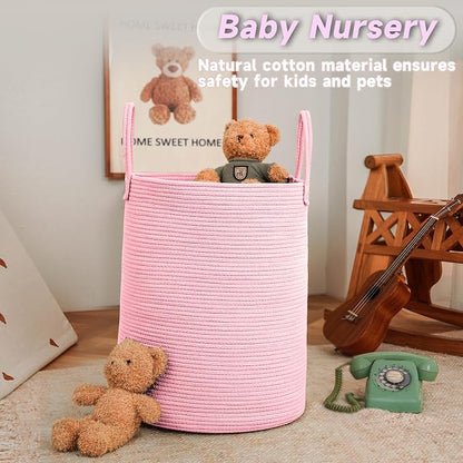 JMvicyroam 100L Cotton Rope Laundry Basket Hamper, Pink | Collapsible laundry basket, reinforced handles, freestanding, machine washable, holds 3-5 thick blankets, clothes or toys