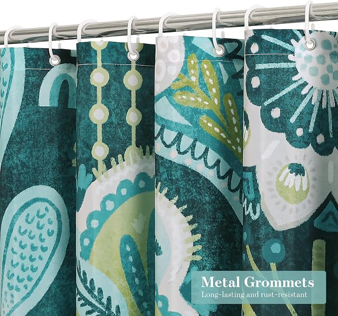 Boho Floral Shower Curtain, Deep Teal Botanical Fabric Curtain, 72 x 78 | Boho Chic Floral, Vintage Botanical, Modern Farmhouse, Eclectic Rustic, Colorful Flowers, Fabric Shower Curtain