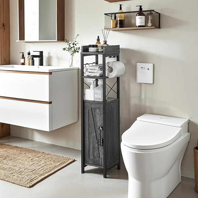 VECELO Small Bathroom Cabinet,Slim Toilet Paper Holder with Door&2 Shelves, Upgraded Narrow Storage Organizer for Restroom Bathroom Tiny Space,Metal Scroll Fenced Top Waterproof Coating,Gray