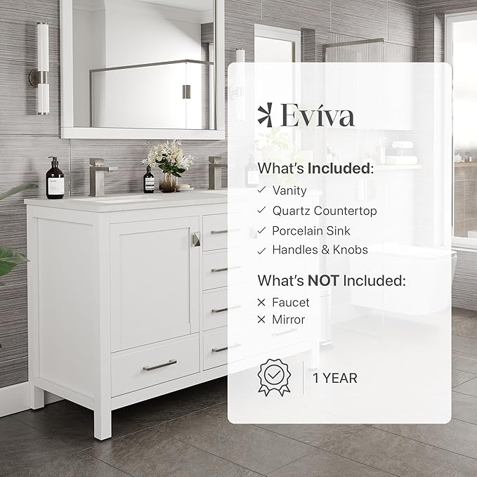 Eviva London 48 in. White Double Sink Bath Vanity with Carrara Quartz Top and Undermount Porcelain Sinks