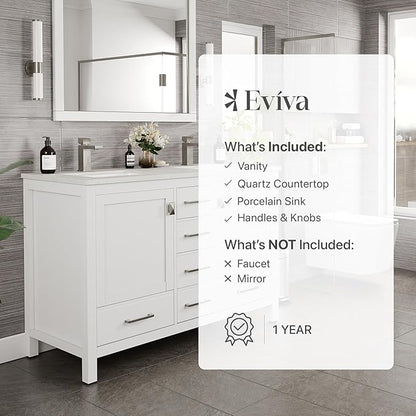 Eviva London 48 in. White Double Sink Bath Vanity with Carrara Quartz Top and Undermount Porcelain Sinks