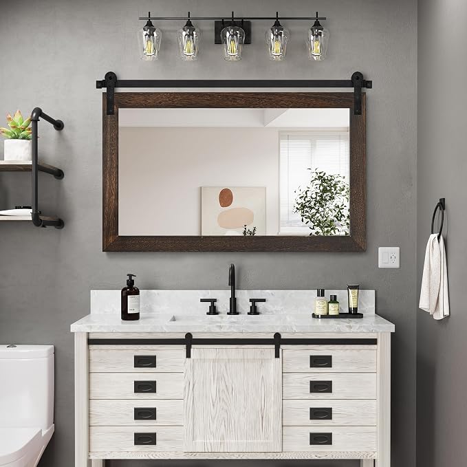 COGOOD Farmhouse Bathroom Mirrors for Over Sink - 30 x 49 Black Brown | Rustic Barn Door Wood Framed Vanity Mirror for Entryway, Living Room, Bedroom, Dresser Wall Decor