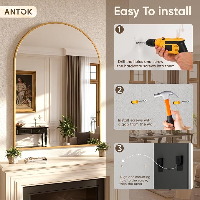 Antok Arched Bathroom Mirror, 30"x40" Wall Mounted Mirror, Vanity Mirrors for Over Sink, Aluminum Alloy Frame Bathroom Mirrors Living Room, Bedroom and Entryway, Gold