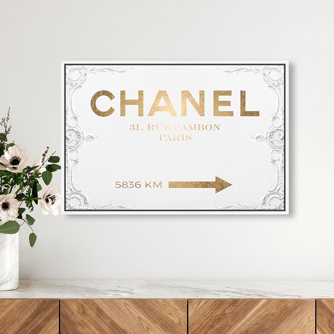 The Oliver Gal Artist Co. Typography and Quotes Contemporary Canvas Art - Couture Road Sign Rococo Gold, Wall Art for Living Room, Bedroom, and Bathroom, 24 in x 16, White and Gold Home Decor
