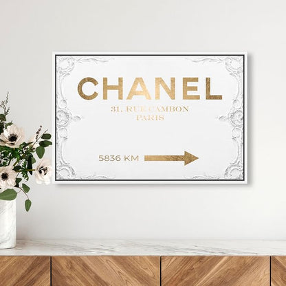 The Oliver Gal Artist Co. Typography and Quotes Contemporary Canvas Art - Couture Road Sign Rococo Gold, Wall Art for Living Room, Bedroom, and Bathroom, 24 in x 16, White and Gold Home Decor
