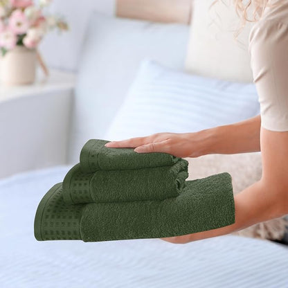 GLAMBURG Ultra Soft 3 Pack Cotton Towel Set, Contains a Bath Towel 28x55 inch, a Hand Towel 16x24 inch & a Wash Coth 12x12 inch, Ideal Everyday use, Compact & Lightweight - Olive Green