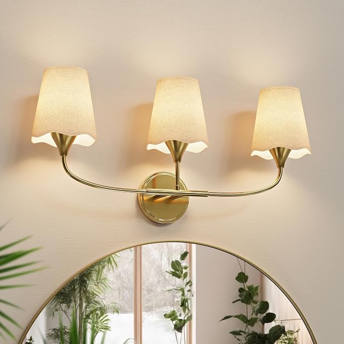 Morauroral Bathroom Light Fixtures, 3 Light Gold Vanity Light for Bathroom, Modern Sconce Wall Light with Scalloped Linen Fabric Shade, Rustic Vanity Light Fixtures for Mirror, Living Room(ETL Listed)