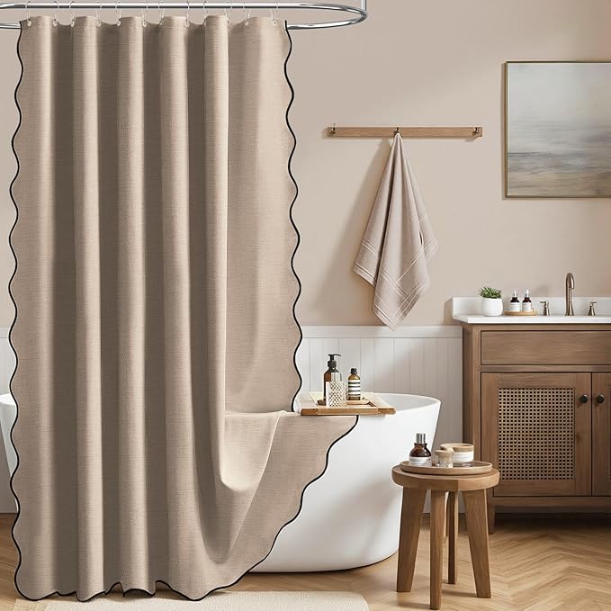 BTTN Long Shower Curtain, 80 Inch Boho Scalloped Linen Textured Heavy Duty Fabric Shower Curtain Set with 12 Hooks, Tall Rustic Farmhouse Waterproof Cloth Shower Curtain for Bathroom, 72x80, Tan/Taupe