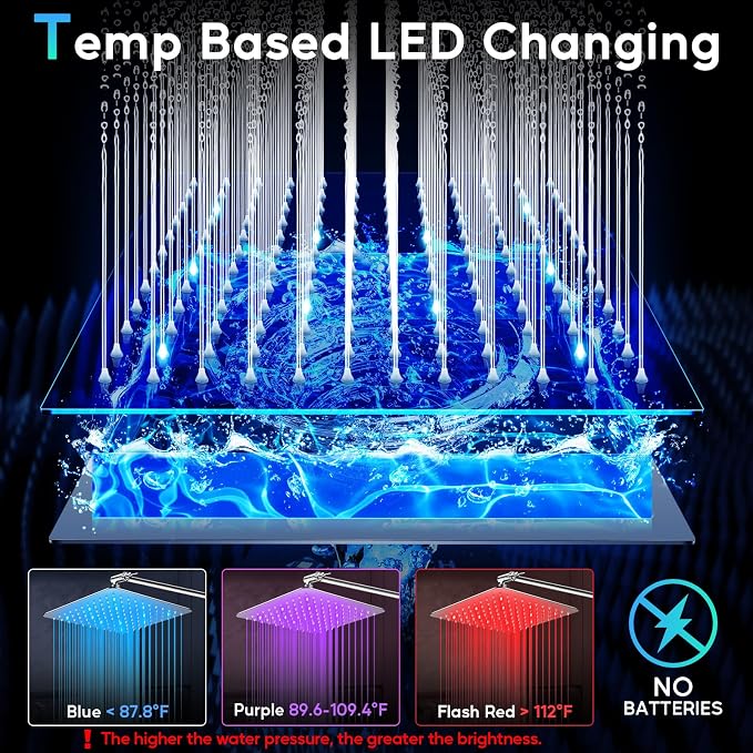 LED Shower Head, 12" LED Shower Head with Color Changing Lights Handheld | High Pressure Rainfall Shower Head Combo, Chrome Stainless Steel & 11" Flexible Curved Arm, 60" Hose