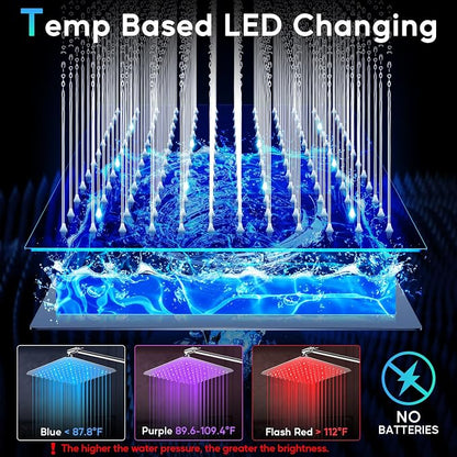 LED Shower Head, 12" LED Shower Head with Color Changing Lights Handheld | High Pressure Rainfall Shower Head Combo, Chrome Stainless Steel & 11" Flexible Curved Arm, 60" Hose