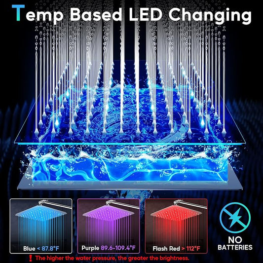 LED Shower Head, 12" LED Shower Head with Color Changing Lights Handheld | High Pressure Rainfall Shower Head Combo, Chrome Stainless Steel & 11" Flexible Curved Arm, 60" Hose