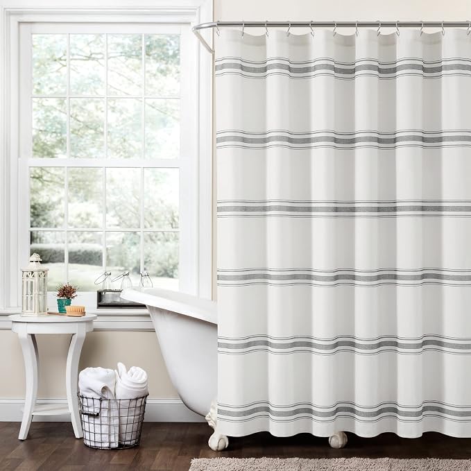 Lush Decor Farmhouse Stripe Cotton Shower Curtain, 72" W x 72" L, Dark Gray - Striped Bathroom Curtain - Fabric Shower Curtains - Farmhouse Bathroom Decor