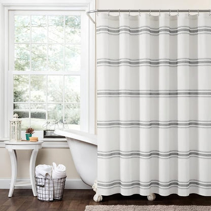 Lush Decor Farmhouse Stripe Cotton Shower Curtain, 72" W x 72" L, Dark Gray - Striped Bathroom Curtain - Fabric Shower Curtains - Farmhouse Bathroom Decor
