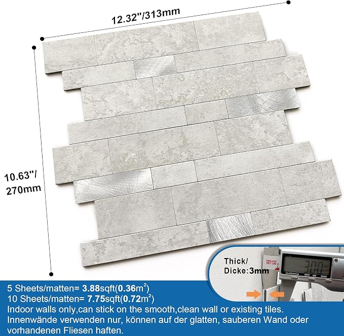 Stone Peel Stick Backsplash Tiles Kitchen Wall Cement Grey 5pcs