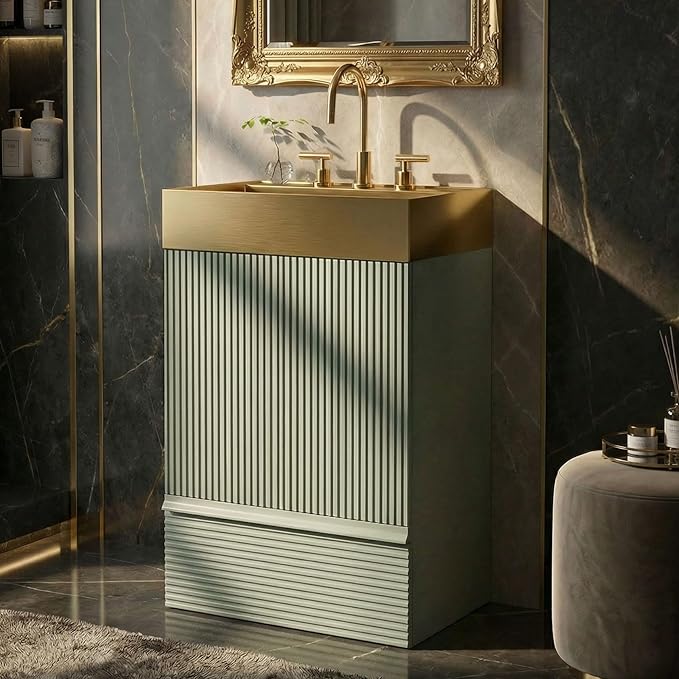 20 inch Bathroom Vanity with Golden Metal Sink, Bath Storage Cabinet with Soft-Closing Door and Drawer, Perfect for Small Space, Powder Room, Hotel, Mint Green