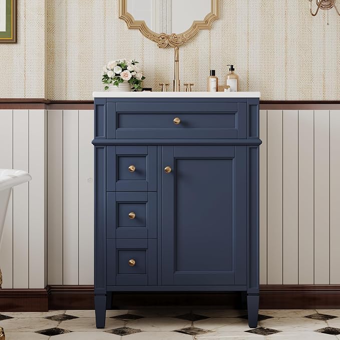 Merax 24 Inch Bathroom Vanity with Ceramic Sink, Solid Wood Frame Modern Bathroom Sink Storage Cabinet with 2 Drawers and a Tip-Out Drawer, Single Sink Bathroom Vanities, Navy Blue