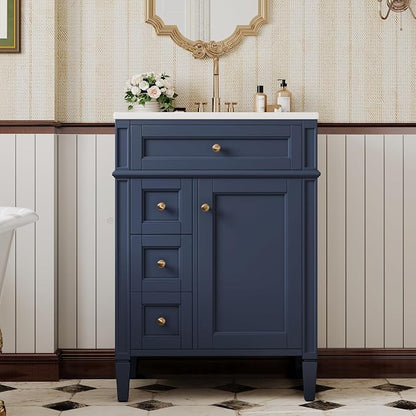 Merax 24 Inch Bathroom Vanity with Ceramic Sink, Solid Wood Frame Modern Bathroom Sink Storage Cabinet with 2 Drawers and a Tip-Out Drawer, Single Sink Bathroom Vanities, Navy Blue