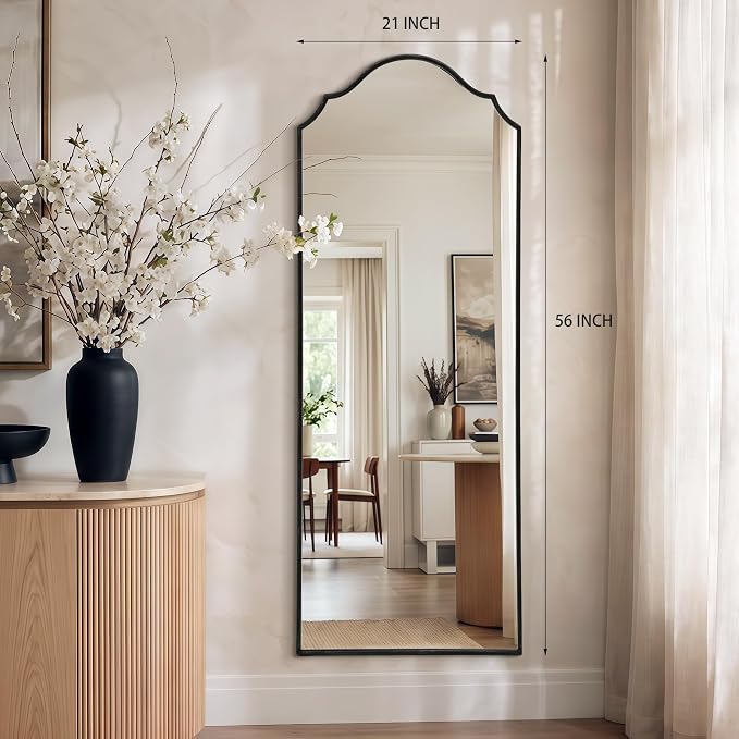 Besdomus Scalloped Full Length Mirror: 21"x56" Black Arched Floor Mirror | Classical Minimalist Wooden Frame Body Long Mirror for Wall/Bedroom/Cloakroom/Entryway/Living Room - Home Decor for Housewife