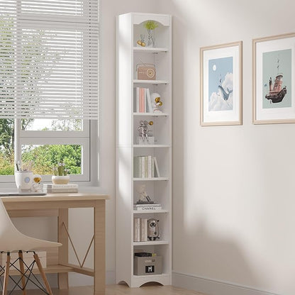 VECELO Curved Top Narrow Tall Bookshelf, 6 Adjustable Movable Shelves, Wood Space Saving Corner Storage Organizer, Pearl White