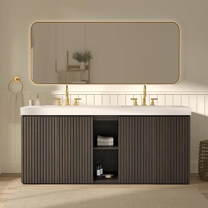72" Bathroom Vanity with Double Sink, Freestanding Double Sink Bathroom Vanity with White Engineered Stone Top, Open Storage Cabinet & Adjustable Shelf, 4 Soft-Closing Doors, Smoked Oak Brown