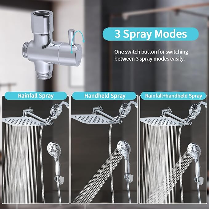 8'' Dual 20 Stage Filtered Shower Head with Handheld, 6 Spray Settings Handheld Shower Head High Pressure Rainfall Filter Combo with 12'' Adjustable Extension Arm, 71'' Shower Hose (Chrome Polished)