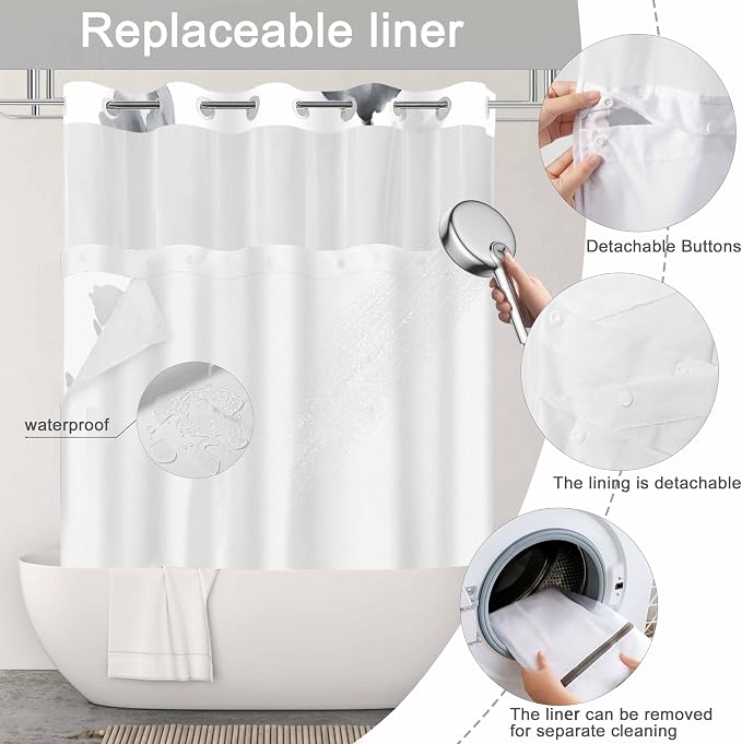 No Hook Shower Curtain and Liner Set, Black Boho Floral 71x84 | Watercolor Boho Flower, with Snap in Liner, Waterproof, Machine Washable, Quick-Drying, for Hotel Bathroom