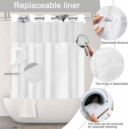 No Hook Shower Curtain and Liner Set, Black Boho Floral 71x84 | Watercolor Boho Flower, with Snap in Liner, Waterproof, Machine Washable, Quick-Drying, for Hotel Bathroom