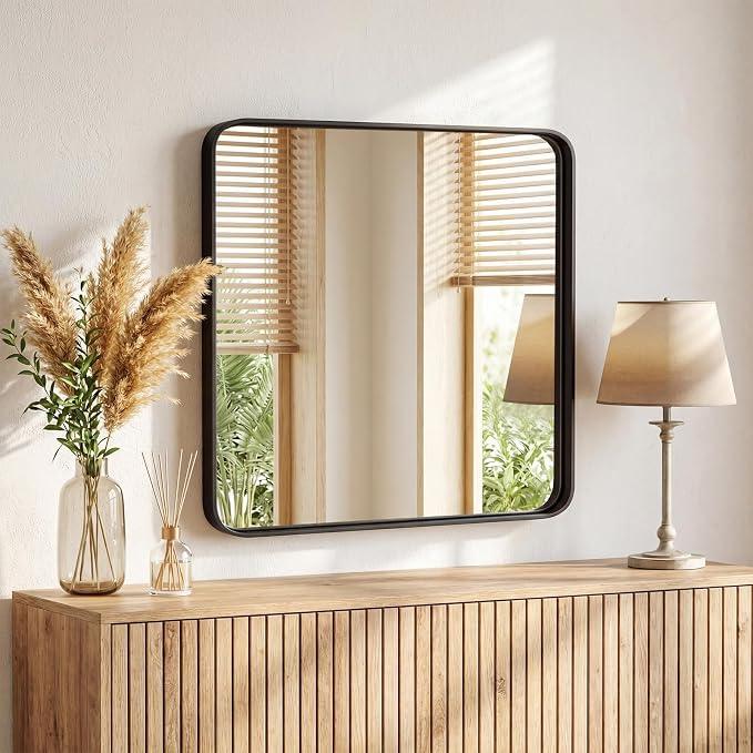 NEWBULIG Bathroom Mirror for Over Sink, 36X36 Inch Wall Vanity Mirror | Wall Mount, Tempered Glass, Anti-Rust Metal Framed, Rounded Rectangle, Farmhouse Home Decor, Black