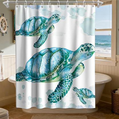 Ocean Coastal Nautical Shower Curtain, Tropical Turtle Luxury Shower Curtains for Bathroom Decor and Accessories, Waterproof Shower Curtain Set with Hooks, Machine Washable Fabric 60 x 72 inch Teal