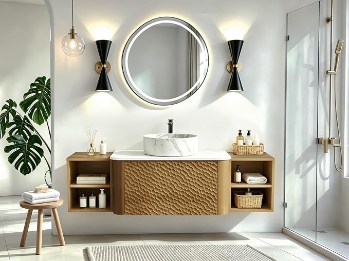 54 Inch Modern Bathroom Vanity with Ceramic Sink, Floating Bathroom Sink Cabinet with Sintered Stone Top&Solid Wood Hammered Frame, Single Bathroom Vanities w/Soft-Close Drawer&2 Side Open Cube