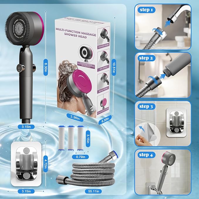 Filtered Shower Head with Handheld,High Pressure3+1Spray Mode Showerhead with Filters,Water Softener Filters Beads for Hard Water 360°Rotating Adjustable Shower Head with Wall Holder&ON/Off Switch