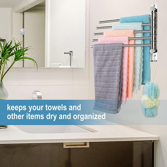 5 Arm Swivel Towel Bar - Heavy Duty SUS304 Stainless Steel Swing Towel Rack for Bathroom, 180° Rotation Wall Mount Towel Holder with Hook, Space-Saving Organizer for Kitchen, Laundry Room